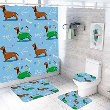 KXMDXA Cute Free Dog 4 Piece Bathroom Set Shower Curtain Bath Rug Contour Mat and Toilet Lid Cover