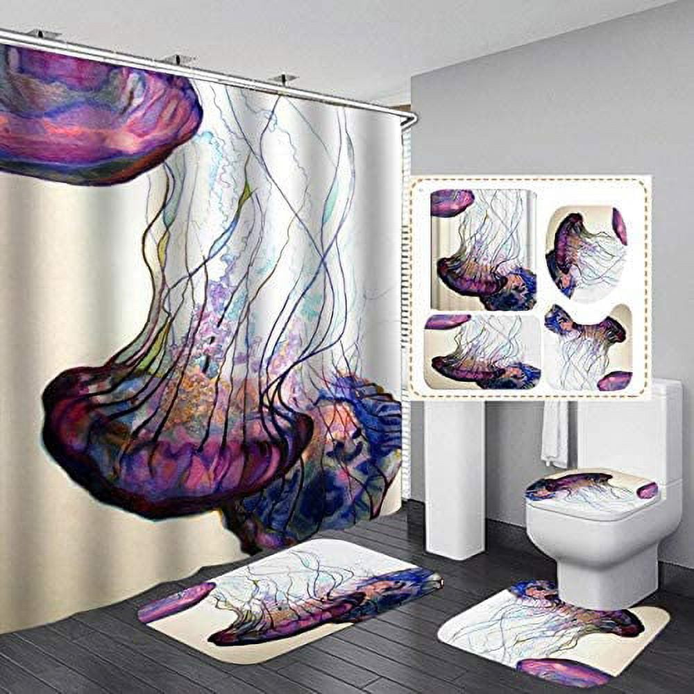 KXMDXA Deep Sea Jellyfish 4 Piece Bathroom Set Shower Curtain Bath Rug