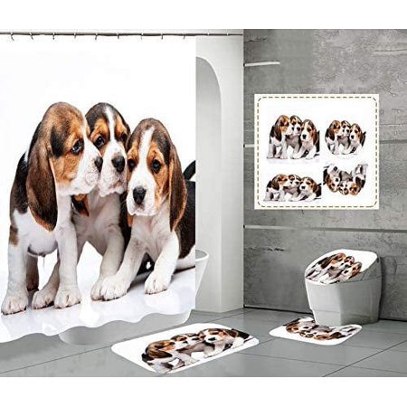 KXMDXA Dog of 4 4 Piece Bathroom Set Shower Curtain Bath Rug Contour Mat and Toilet Lid Cover