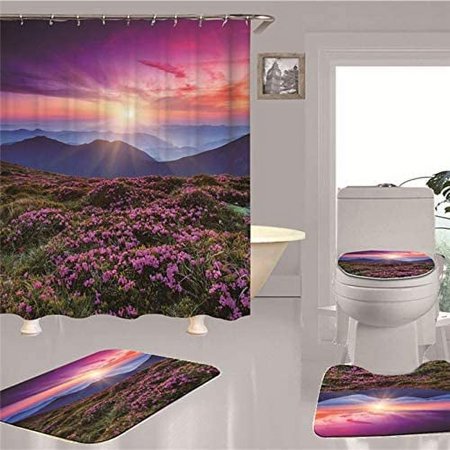 KXMDXA Dragonfly Flowers Butterfly 4 Piece Bathroom Set Shower Curtain Bath Rug Contour Mat and Toilet Lid Cover