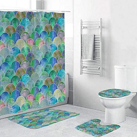KXMDXA Dream Living Pads Contour 4 Piece Bathroom Set Shower Curtain Bath Rug Contour Mat and Toilet Lid Cover
