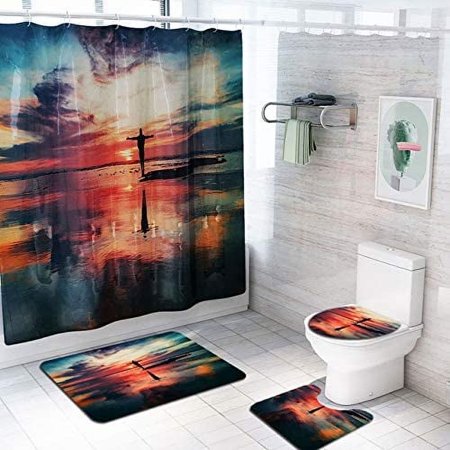 KXMDXA Dusk Beautiful Sea 4 Piece Bathroom Set Shower Curtain Bath Rug Contour Mat and Toilet Lid Cover