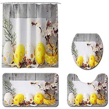 KXMDXA Easter Eggs 4 Piece Bathroom Set Shower Curtain Bath Rug Contour Mat and Toilet Lid Cover