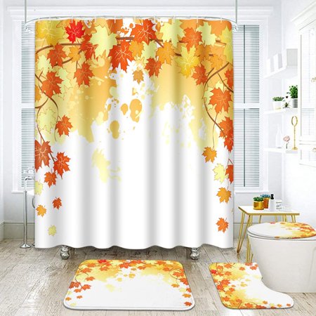 KXMDXA Fall Leaves Flying Maple Orange 4 Piece Bathroom Set Shower Curtain Bath Rug Contour Mat and Toilet Lid Cover