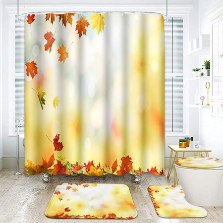 KXMDXA Fall Leaves Flying Maple Orange Fall 4 Piece Bathroom Set Shower Curtain Bath Rug Contour Mat and Toilet Lid Cover
