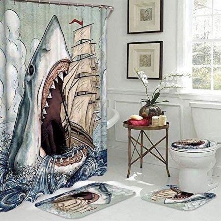 KXMDXA Ferocious Shark 4 Piece Bathroom Set Shower Curtain Bath Rug Contour Mat and Toilet Lid Cover