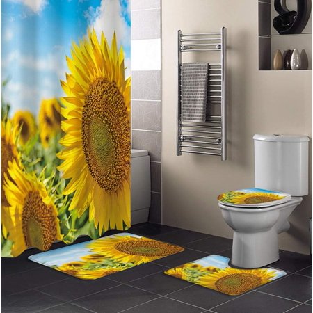KXMDXA Floral 4 Piece Bathroom Set Shower Curtain Bath Rug Contour Mat and Toilet Lid Cover