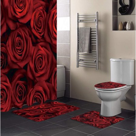 KXMDXA Floral 4 Piece Bathroom Set Shower Curtain Bath Rug Contour Mat and Toilet Lid Cover
