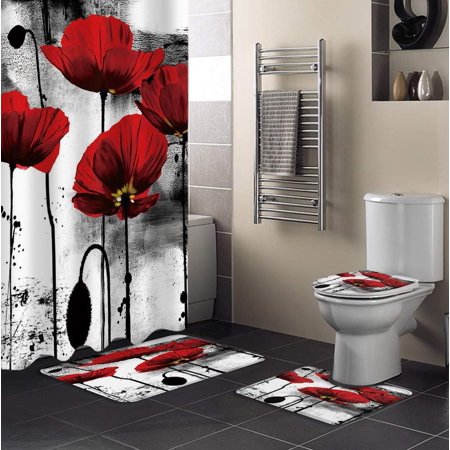 KXMDXA Floral 4 Piece Bathroom Set Shower Curtain Bath Rug Contour Mat and Toilet Lid Cover