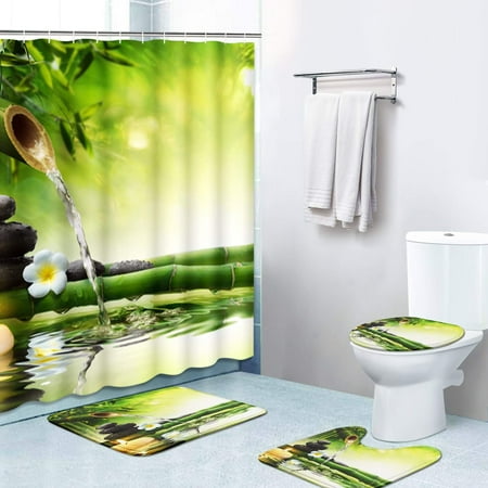 KXMDXA Flow Water Bamboo 4 Piece Bathroom Set Shower Curtain Bath Rug Contour Mat and Toilet Lid Cover
