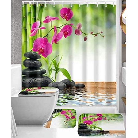 KXMDXA Flower 4 Piece Bathroom Set Shower Curtain Bath Rug Contour Mat and Toilet Lid Cover