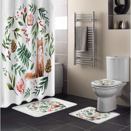 KXMDXA Fox 4 Piece Bathroom Set Shower Curtain Bath Rug Contour Mat and Toilet Lid Cover