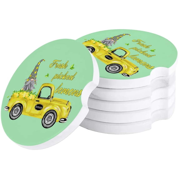 KXMDXA Fruit Lemon Farm Truck and Gnome Green Set of 2 Car Coaster for Drinks, Absorbent Ceramic Stone Coasters Cup Mat with Cork Base for Home Kitchen Room Coffee Table Bar Decor