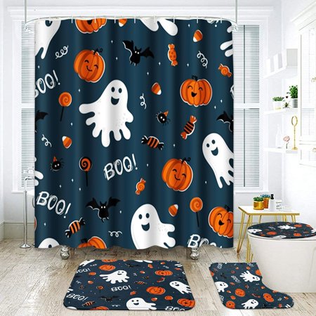 KXMDXA Fun Halloween Cute Ghosts Pumpkins 4 Piece Bathroom Set Shower Curtain Bath Rug Contour Mat and Toilet Lid Cover