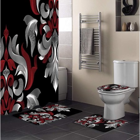 KXMDXA Geometric 4 Piece Bathroom Set Shower Curtain Bath Rug Contour Mat and Toilet Lid Cover