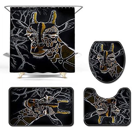 KXMDXA Giraffe 4 Piece Bathroom Set Shower Curtain Bath Rug Contour Mat and Toilet Lid Cover