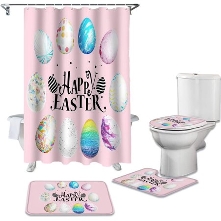 KXMDXA Happy Easter Colorful Eggs 4 Piece Bathroom Set Shower Curtain Bath Rug Contour Mat and Toilet Lid Cover