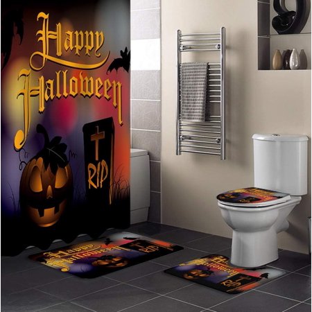 KXMDXA Happy Halloween 4 Piece Bathroom Set Shower Curtain Bath Rug Contour Mat and Toilet Lid Cover