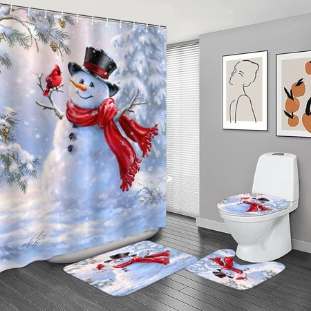 KXMDXA Heart Red Scarf Snowman 4 Piece Bathroom Set Shower Curtain Bath Rug Contour Mat and Toilet Lid Cover