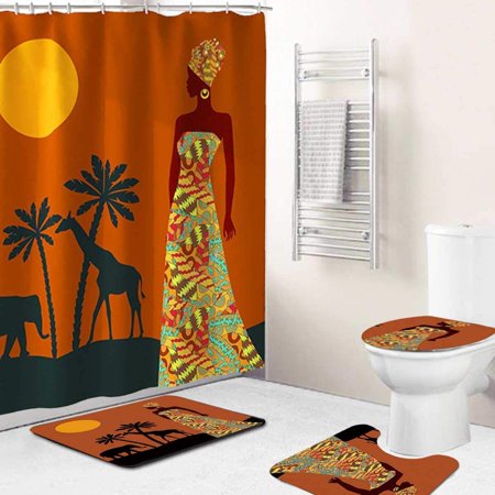 KXMDXA High Density 4 Piece Bathroom Set Shower Curtain Bath Rug Contour Mat and Toilet Lid Cover