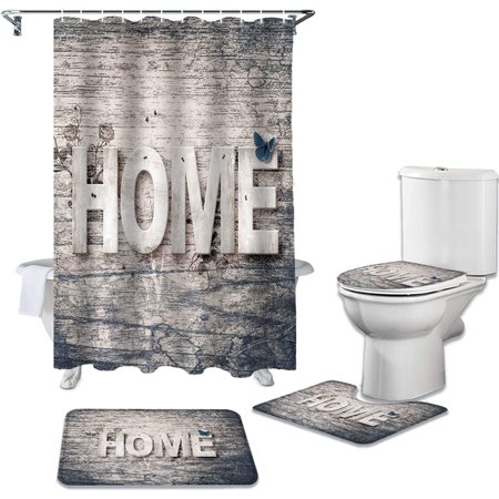 KXMDXA Home TextButterflyFlower 4 Piece Bathroom Set Shower Curtain Bath Rug Contour Mat and Toilet Lid Cover