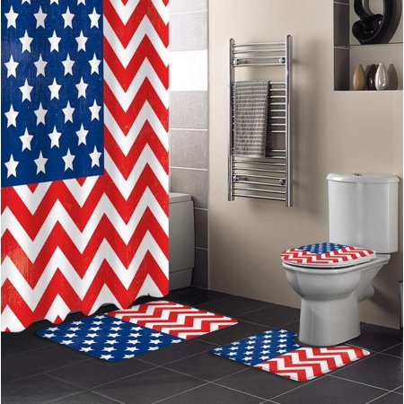 KXMDXA Independence Day 4 Piece Bathroom Set Shower Curtain Bath Rug Contour Mat and Toilet Lid Cover