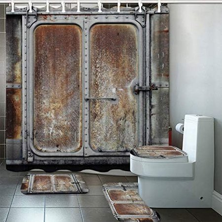 KXMDXA Industrial Vintage Railway Container Metal 4 Piece Bathroom Set Shower Curtain Bath Rug Contour Mat and Toilet Lid Cover