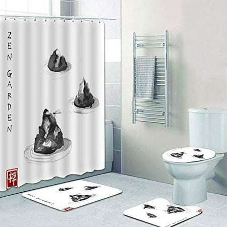 KXMDXA Ink Painting Zen Balance Stone 4 Piece Bathroom Set Shower Curtain Bath Rug Contour Mat and Toilet Lid Cover