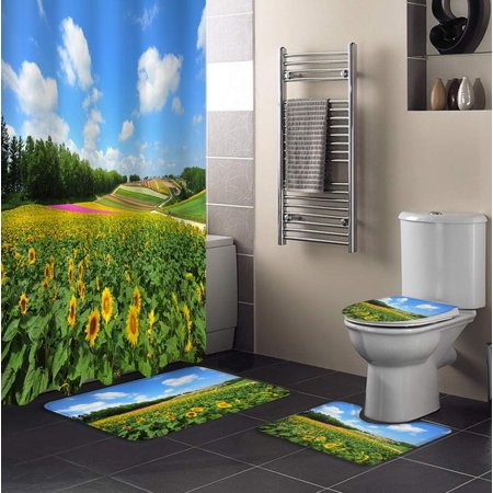 KXMDXA Landscape 4 Piece Bathroom Set Shower Curtain Bath Rug Contour Mat and Toilet Lid Cover