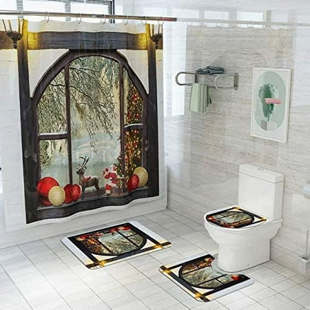 KXMDXA Landscape 4 Piece Bathroom Set Shower Curtain Bath Rug Contour Mat and Toilet Lid Cover