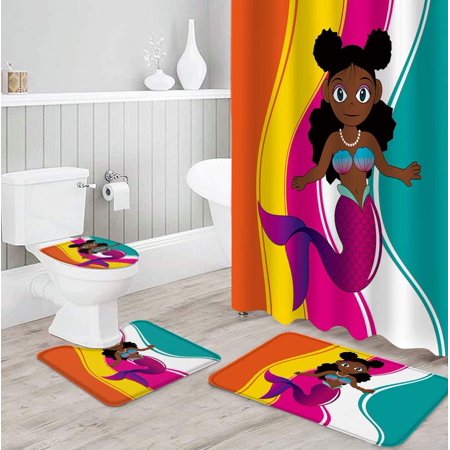 KXMDXA Mermaid 4 Piece Bathroom Set Shower Curtain Bath Rug Contour Mat and Toilet Lid Cover