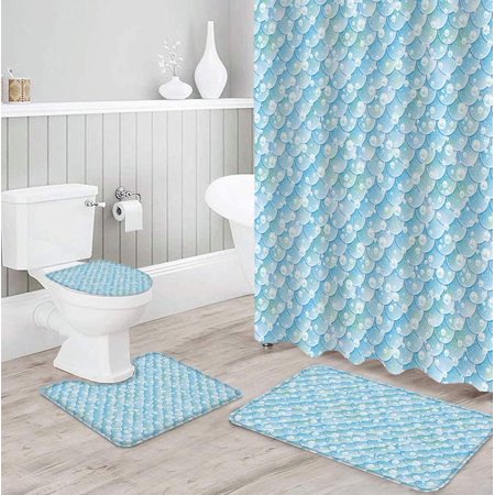 KXMDXA Mermaid 4 Piece Bathroom Set Shower Curtain Bath Rug Contour Mat and Toilet Lid Cover