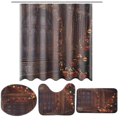 KXMDXA Merry Christmas Snowman Window 4 Piece Bathroom Set Shower Curtain Bath Rug Contour Mat and Toilet Lid Cover