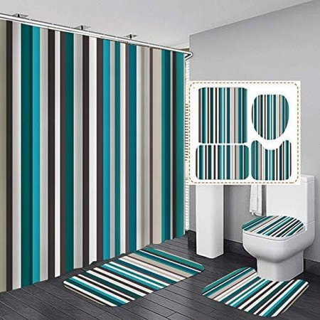 KXMDXA Multicolour Stripes 4 Piece Bathroom Set Shower Curtain Bath Rug Contour Mat and Toilet Lid Cover