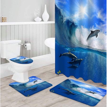 KXMDXA Nautical Decor 4 Piece Bathroom Set Shower Curtain Bath Rug Contour Mat and Toilet Lid Cover