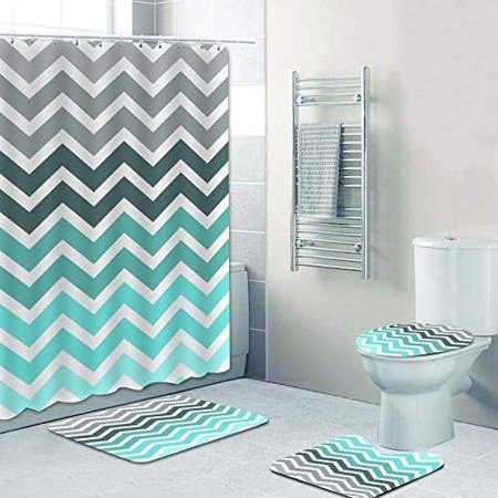 KXMDXA Nordic Bright Yellow Geometric Colorful Wavy Zigzag Gift 4 Piece Bathroom Set Shower Curtain Bath Rug Contour Mat and Toilet Lid Cover
