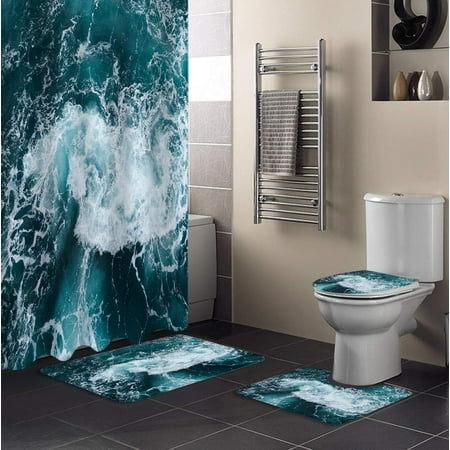 KXMDXA Ocean Theme 4 Piece Bathroom Set Shower Curtain Bath Rug Contour Mat and Toilet Lid Cover