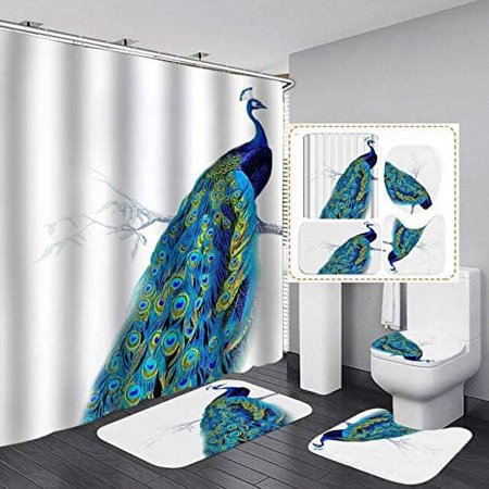 KXMDXA Peacock 4 Piece Bathroom Set Shower Curtain Bath Rug Contour Mat and Toilet Lid Cover