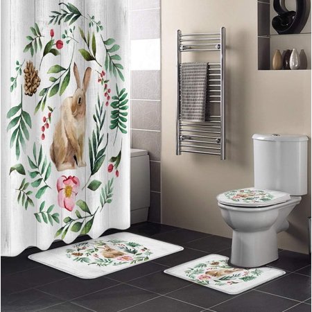 KXMDXA Rabbit 4 Piece Bathroom Set Shower Curtain Bath Rug Contour Mat and Toilet Lid Cover