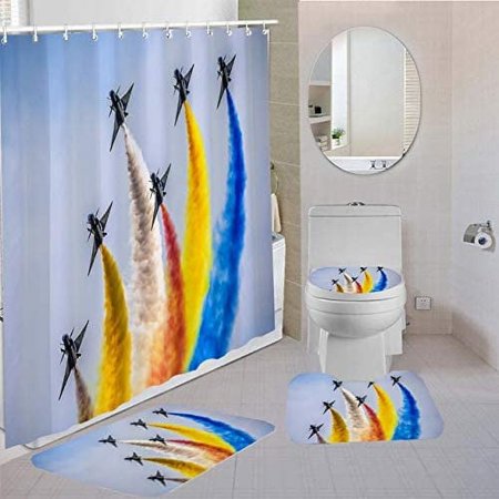 KXMDXA Rainbow Colorful Foggy 4 Piece Bathroom Set Shower Curtain Bath Rug Contour Mat and Toilet Lid Cover