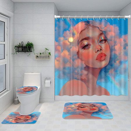 KXMDXA Rainbow Pink Girl 4 Piece Bathroom Set Shower Curtain Bath Rug Contour Mat and Toilet Lid Cover
