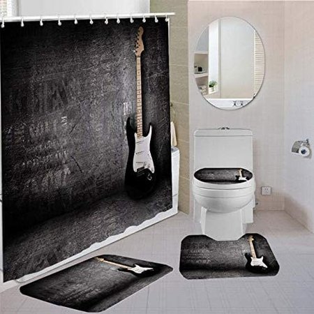 KXMDXA Retro Guitar Kids Comfortable 4 Piece Bathroom Set Shower Curtain Bath Rug Contour Mat and Toilet Lid Cover