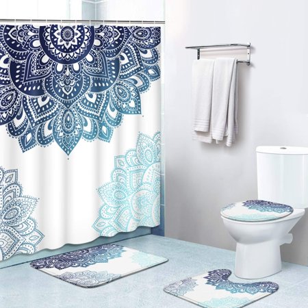 KXMDXA Retro Mandala 4 Piece Bathroom Set Shower Curtain Bath Rug Contour Mat and Toilet Lid Cover