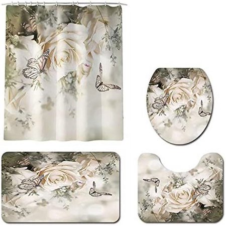 KXMDXA Roses Butterfly Flower 4 Piece Bathroom Set Shower Curtain Bath Rug Contour Mat and Toilet Lid Cover
