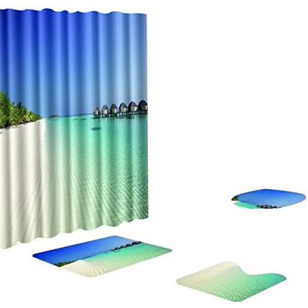 KXMDXA Sea Style Multicolor Textiles 4 Piece Bathroom Set Shower Curtain Bath Rug Contour Mat and Toilet Lid Cover