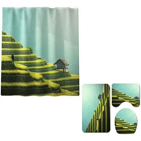 KXMDXA Sea Style Terraced Field 4 Piece Bathroom Set Shower Curtain Bath Rug Contour Mat and Toilet Lid Cover