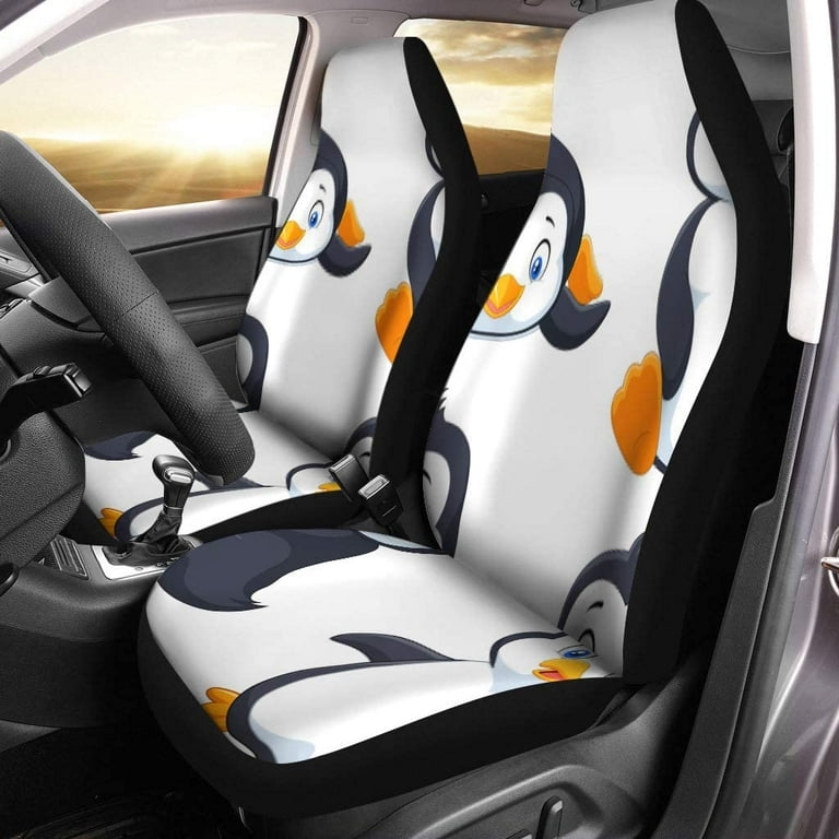 KXMDXA Set of 2 Car Seat Covers Collection of Cartoon Penguin Cute Character Ice Happy Universal Auto Front Seats Protector Fits for Car SUV
