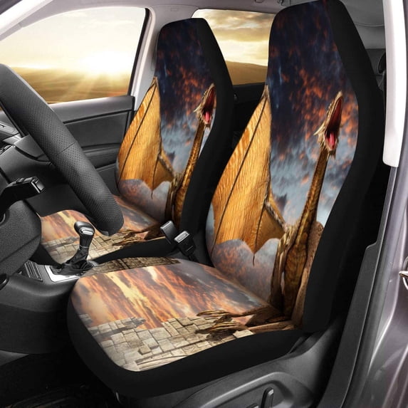 KXMDXA Set of 2 Car Seat Covers Fantasy Dragon on Castle in Fog Fairytale Evil Tower Universal Auto Front Seats Protector Fits for Car,SUV Sedan,Truck