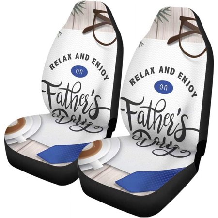 KXMDXA Set of 2 Car Seat Covers Flat Lay Father`S Day Greeting Card Cup Coffee Necktie Glasses Wooden Table Universal Auto Front Seats Protector Fits for Car,SUV Sedan,Truck