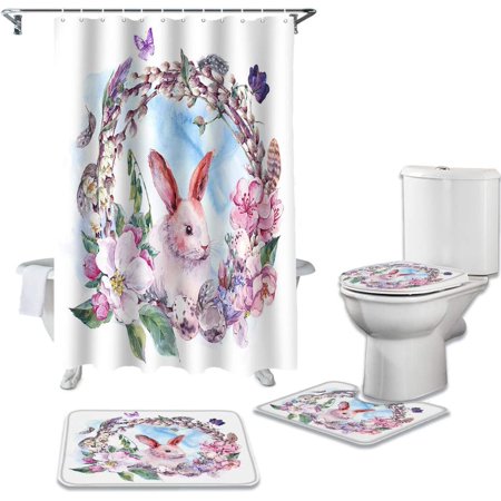 KXMDXA Spring Floral WreathCute Bunny 4 Piece Bathroom Set Shower Curtain Bath Rug Contour Mat and Toilet Lid Cover